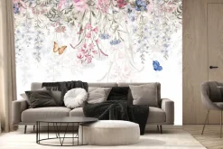 Fototapeta: Motyle i zwisające kwiaty polne na białym tle delikatny kwiatowy