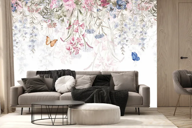 Fototapeta: Motyle i zwisające kwiaty polne na białym tle delikatny kwiatowy