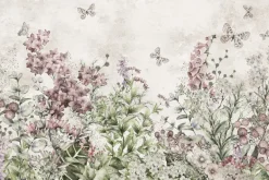 Fototapeta: Motyle na kwiecistej łące akwarelowy botaniczny wzór na jasnym