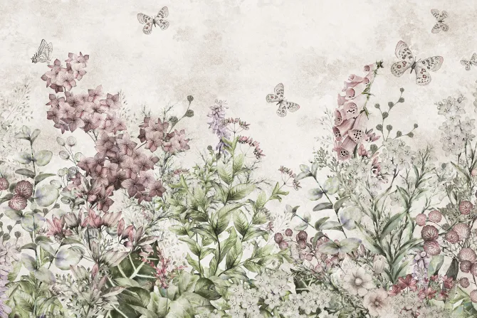 Fototapeta: Motyle na kwiecistej łące akwarelowy botaniczny wzór na jasnym