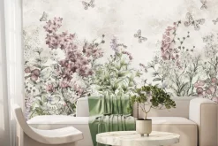 Fototapeta: Motyle na kwiecistej łące akwarelowy botaniczny wzór na jasnym