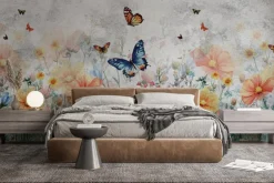 Fototapeta: Motyle nad kolorową kwiecistą łąką na teksturowym tle w odcieniach
