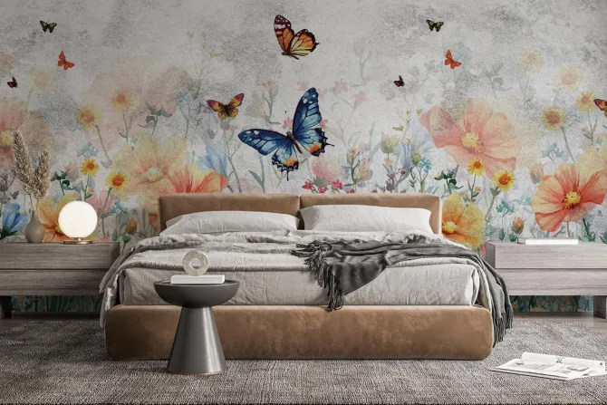 Fototapeta: Motyle nad kolorową kwiecistą łąką na teksturowym tle w odcieniach