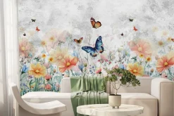 Fototapeta: Motyle nad kolorową kwiecistą łąką na teksturowym tle w odcieniach