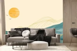 Fototapeta: Mountain landscape watercolor painting illustration with line