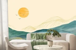 Fototapeta: Mountain landscape watercolor painting illustration with line