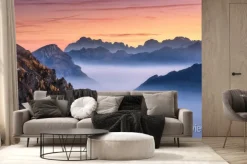 Fototapeta: Mountains in fog at beautiful sunset in autumn in dolomites,