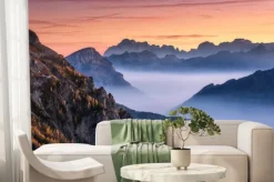 Fototapeta: Mountains in fog at beautiful sunset in autumn in dolomites,