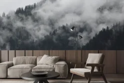 Fototapeta: Mroczne mgły nad alpejskim górskim lasem