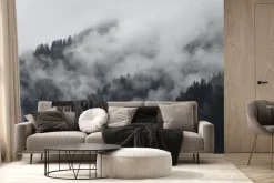 Fototapeta: Mroczne mgły nad alpejskim górskim lasem