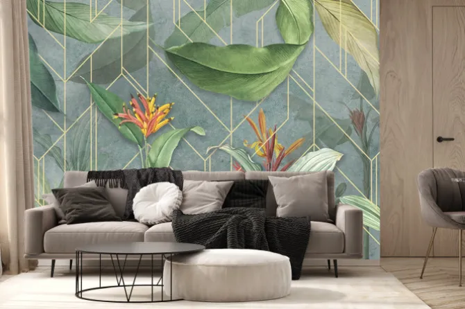 Fototapeta: Mural geometryczno-botaniczny z kwitnącymi egzotycznymi kwiatami