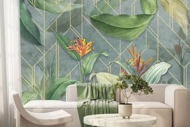 Fototapeta: Mural geometryczno-botaniczny z kwitnącymi egzotycznymi kwiatami