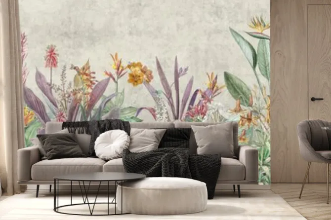 Fototapeta: Mural wallpaper. tropical flower bushes wallpaper mural. vintage