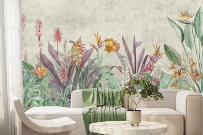 Fototapeta: Mural wallpaper. tropical flower bushes wallpaper mural. vintage