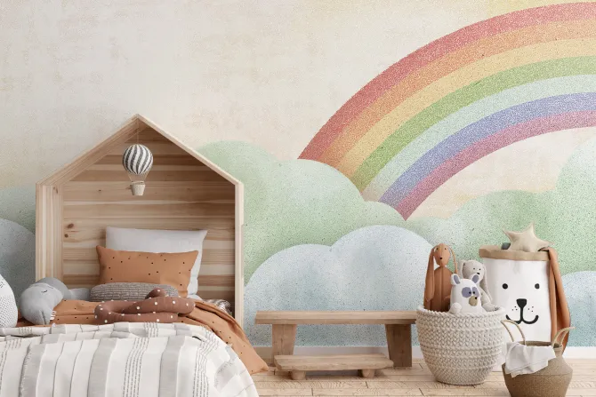 Fototapeta: Mural z chmurami na tle tęczy