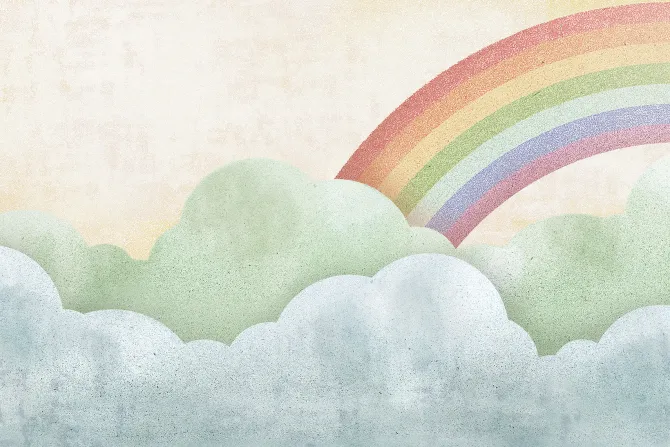 Fototapeta: Mural z chmurami na tle tęczy