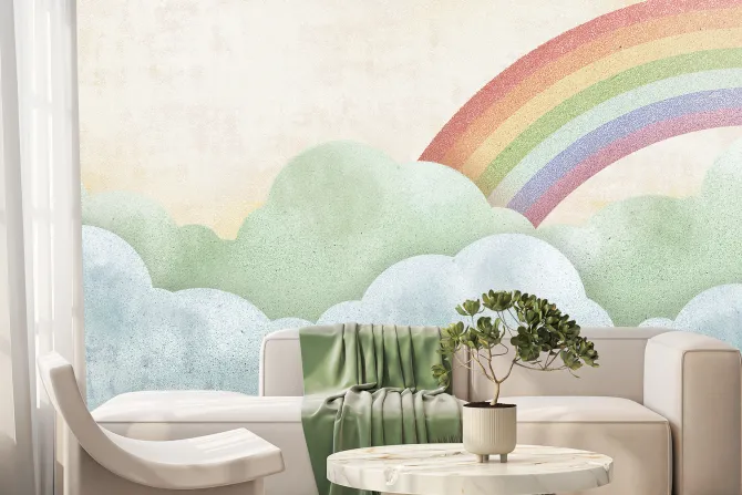 Fototapeta: Mural z chmurami na tle tęczy
