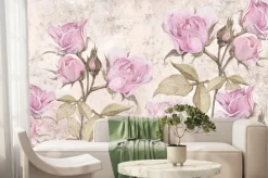 Fototapeta: Mural z różowymi różami i gałązkami