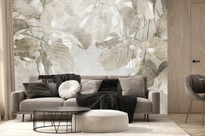 Fototapeta: Mural z wiszącymi liśćmi tropikalnymi na szarej teksturze