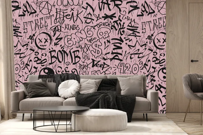 Fototapeta: Napisy w stylu graffiti na różowej ścianie
