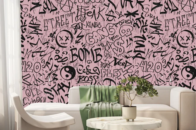 Fototapeta: Napisy w stylu graffiti na różowej ścianie