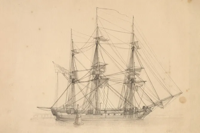 Fototapeta: Naszkicowany statek z żaglami na teksturze