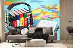 Fototapeta: Nauka języków w internecie. audiobooki koncepcji. książki i headpho