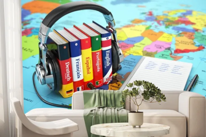 Fototapeta: Nauka języków w internecie. audiobooki koncepcji. książki i headpho