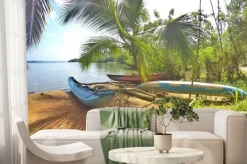 Fototapeta: Niebieska katamaran znajduje się na pięknej plaży na tropikalnej