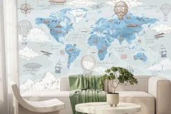 Fototapeta: Niebieska retro mapa świata z balonami