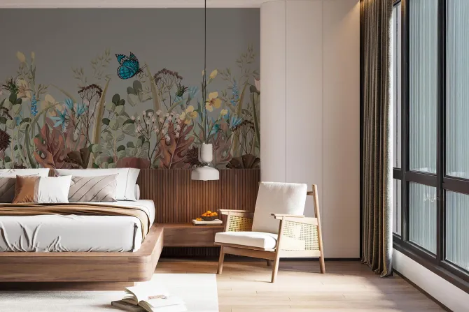 Fototapeta: Niebieski motyl na kwiecistej łące naturalny krajobraz