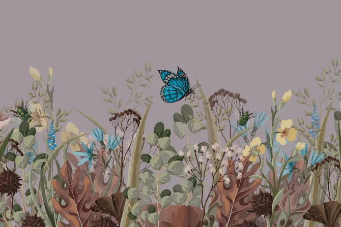 Fototapeta: Niebieski motyl na kwiecistej łące naturalny krajobraz