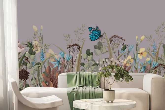 Fototapeta: Niebieski motyl na kwiecistej łące naturalny krajobraz