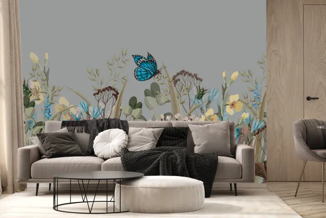 Fototapeta: Niebieski motyl na kwiecistej łące naturalny krajobraz