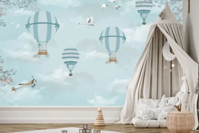 Fototapeta: Niebieskie balony i samoloty na tle nieba