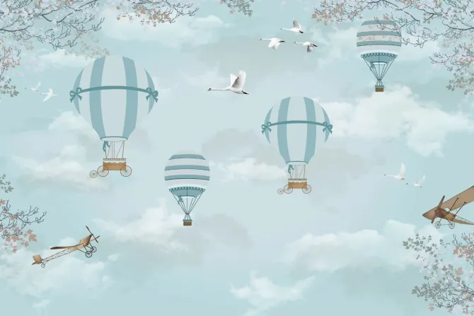 Fototapeta: Niebieskie balony i samoloty na tle nieba