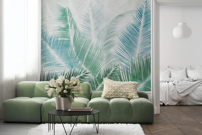 Fototapeta: Niebieskie i zielone liście palmowe botaniczny wzór