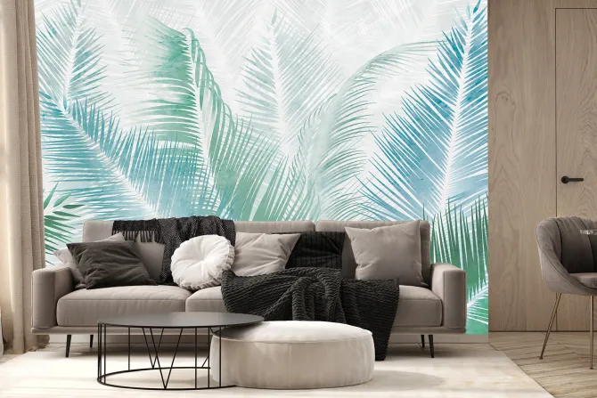 Fototapeta: Niebieskie i zielone liście palmowe botaniczny wzór