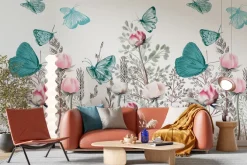 Fototapeta: Niebieskie i zielone motyle nad kwiecistą łąką kwiaty 3d na białym