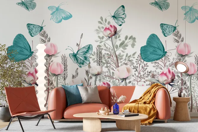 Fototapeta: Niebieskie i zielone motyle nad kwiecistą łąką kwiaty 3d na białym