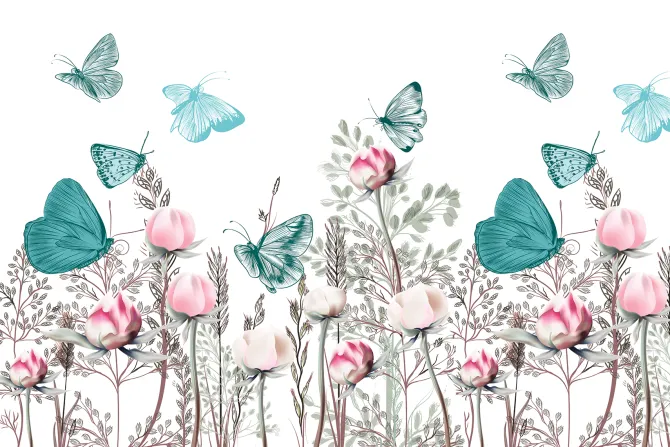 Fototapeta: Niebieskie i zielone motyle nad kwiecistą łąką kwiaty 3d na białym