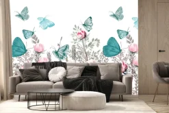 Fototapeta: Niebieskie i zielone motyle nad kwiecistą łąką kwiaty 3d na białym