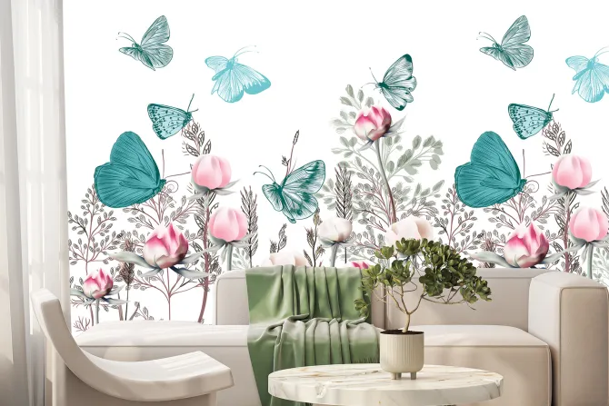 Fototapeta: Niebieskie i zielone motyle nad kwiecistą łąką kwiaty 3d na białym