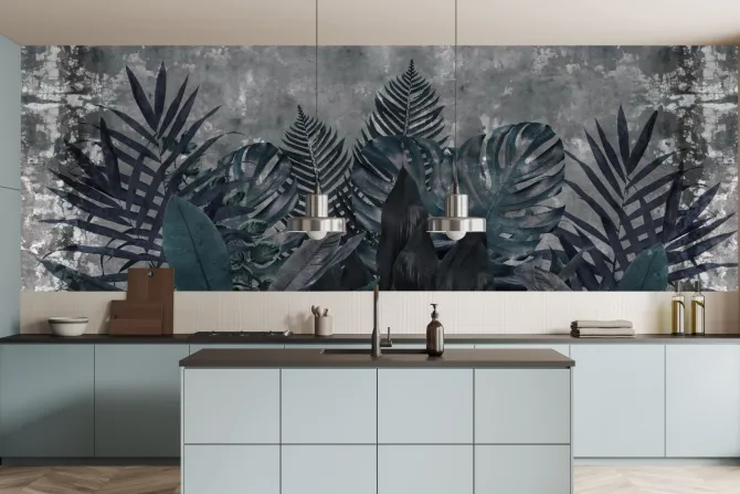 Fototapeta: Niebieskie liście tropikalne na tle betonu