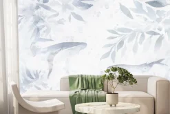 Fototapeta: Niebieskie liście i wieloryby w delikatnym stylu akwareli