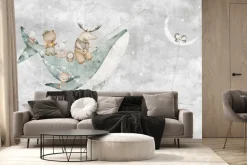 Fototapeta: Niebo z wielorybem księżycem i zwierzątkami bajkowy dziecięcy