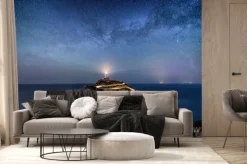 Fototapeta: Night time image with milky way stars and illuminated road with