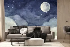 Fototapeta: Nocne niebo z pełnią księżyca i świecącymi gwiazdami