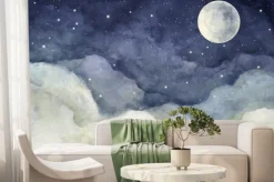 Fototapeta: Nocne niebo z pełnią księżyca i świecącymi gwiazdami