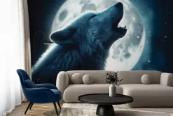Fototapeta: Nocny wilk wyjący pod jasnym księżycem